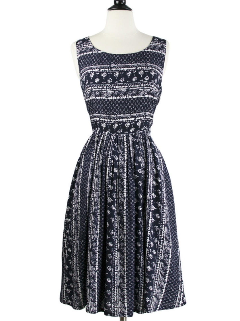Navy Blue with White Batik Print Sleeveless Fit and Flare Rayon Sundress, Small